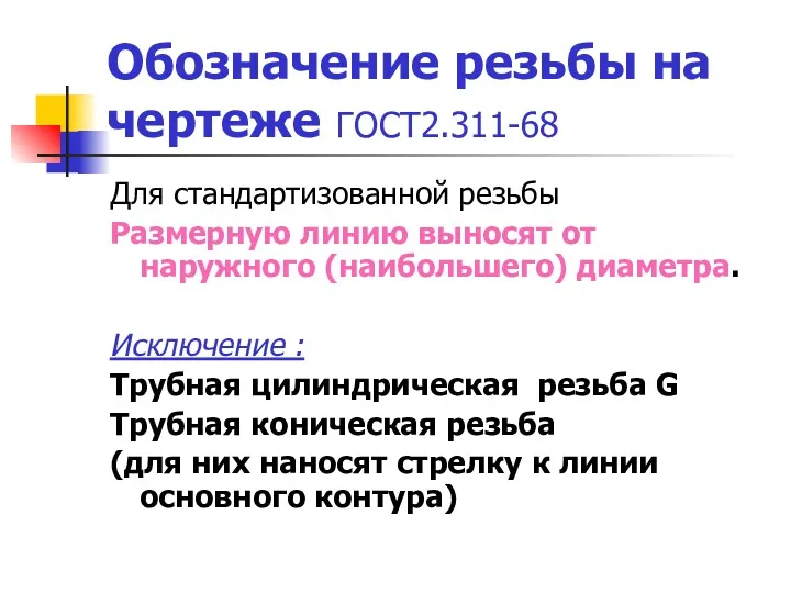 Обозначение резьбы на чертеже ГОСТ2.311-68 Для стандартизованной резьбы Размерную линию