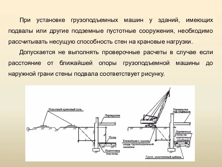 При установке грузоподъемных машин у зданий, имеющих подвалы или другие