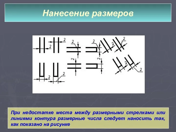 Нанесение размеров При недостатке места между размерными стрелками или линиями