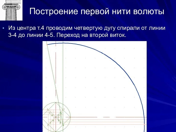 Построение первой нити волюты Из центра т.4 проводим четвертую дугу