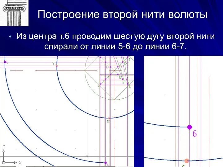 Построение второй нити волюты Из центра т.6 проводим шестую дугу