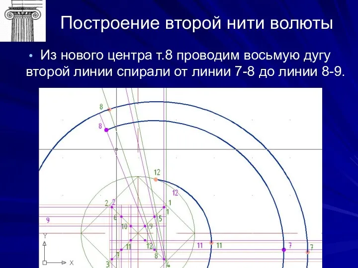 Построение второй нити волюты Из нового центра т.8 проводим восьмую