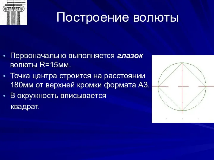 Построение волюты Первоначально выполняется глазок волюты R=15мм. Точка центра строится