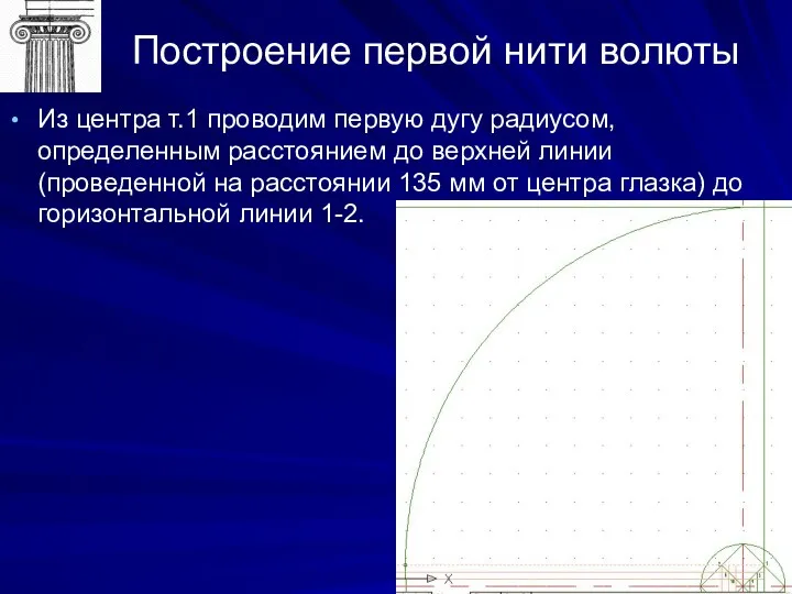 Построение первой нити волюты Из центра т.1 проводим первую дугу