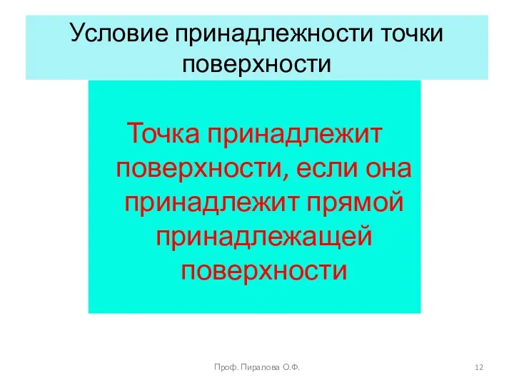 Условие принадлежности точки поверхности Точка принадлежит поверхности, если она принадлежит прямой принадлежащей поверхности Проф. Пиралова О.Ф.