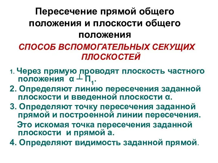 Пересечение прямой общего положения и плоскости общего положения СПОСОБ ВСПОМОГАТЕЛЬНЫХ