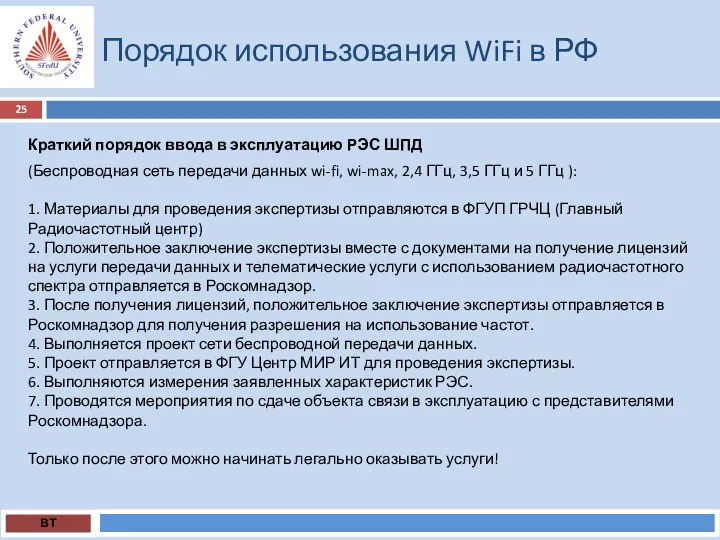 Порядок использования WiFi в РФ ВТ Краткий порядок ввода в