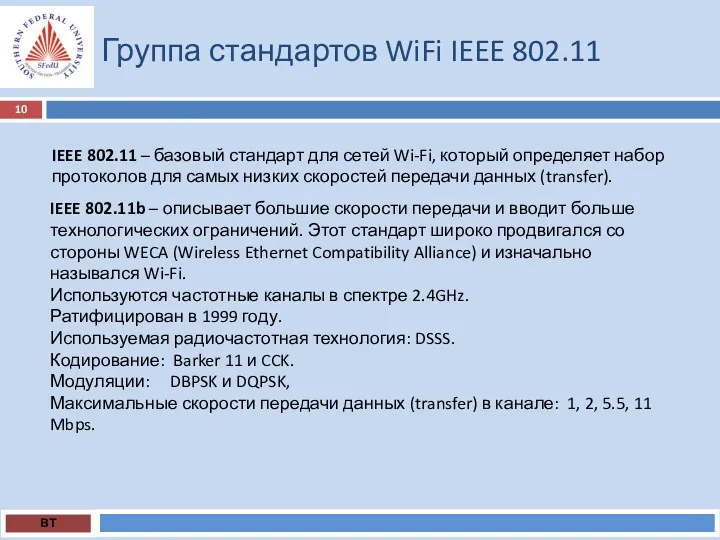 Группа стандартов WiFi IEEE 802.11 ВТ IEEE 802.11 – базовый