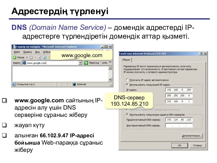 Адрестердің түрленуі DNS (Domain Name Service) – домендік адрестерді IP-адрестерге