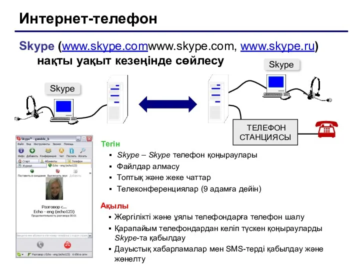 Интернет-телефон Skype (www.skype.comwww.skype.com, www.skype.ru) нақты уақыт кезеңінде сөйлесу Тегін Skype