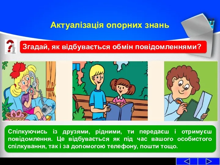 Актуалізація опорних знань Згадай, як відбувається обмін повідомленнями? Спілкуючись із