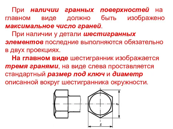 При наличии гранных поверхностей на главном виде должно быть изображено