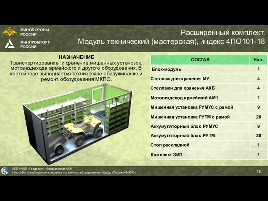 Расширенный комплект. Модуль технический (мастерская), индекс 4ПО101-18 НАЗНАЧЕНИЕ Транспортирование и