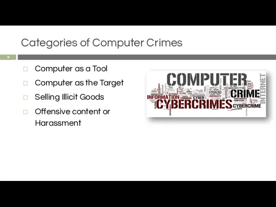 Categories of Computer Crimes Computer as a Tool Computer as the Target Selling