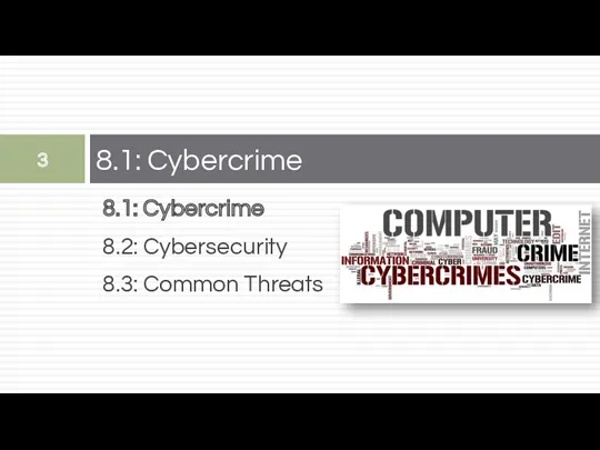 8.1: Cybercrime 8.2: Cybersecurity 8.3: Common Threats 8.1: Cybercrime