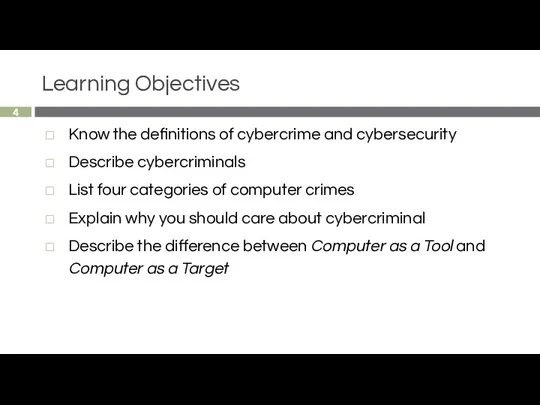 Learning Objectives Know the definitions of cybercrime and cybersecurity Describe cybercriminals List four