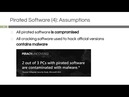 Pirated Software (4): Assumptions All pirated software is compromised All cracking software used