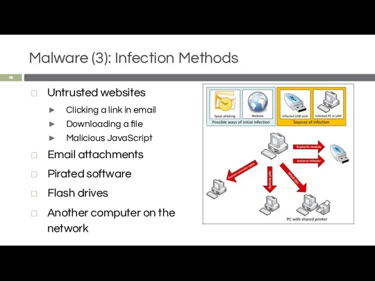 Malware (3): Infection Methods Untrusted websites Clicking a link in email Downloading a