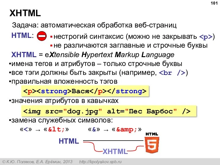XHTML Задача: автоматическая обработка веб-страниц HTML: нестрогий синтаксис (можно не