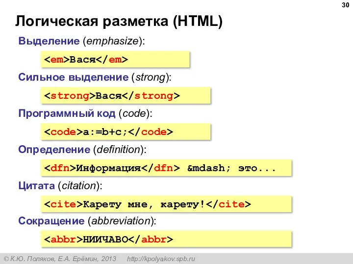 Логическая разметка (HTML) Выделение (emphasize): Вася Сильное выделение (strong): Вася