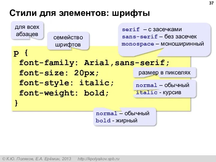 Стили для элементов: шрифты p { font-family: Arial,sans-serif; font-size: 20px;