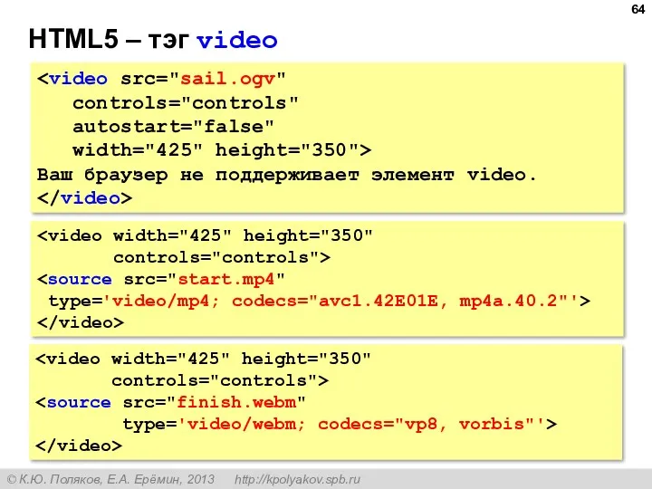 HTML5 – тэг video controls="controls" autostart="false" width="425" height="350"> Ваш браузер