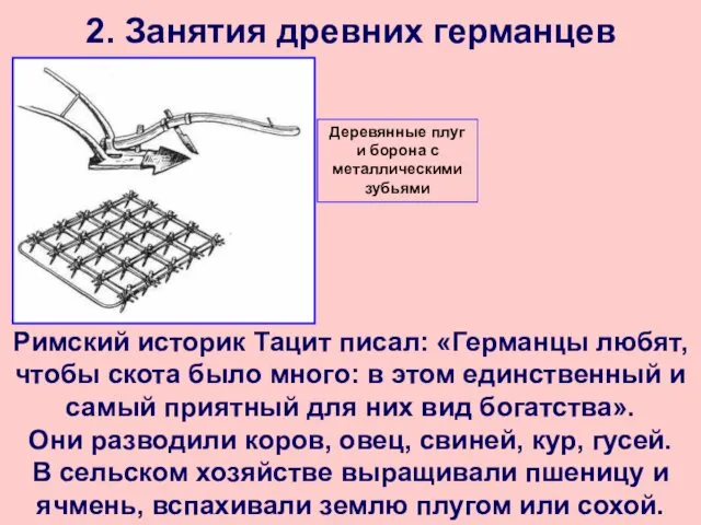 2. Занятия древних германцев Римский историк Тацит писал: «Германцы любят,