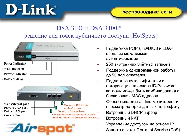 DSA-3100 и DSA-3100P – решение для точек публичного доступа (HotSpots) Поддержка POP3, RADIUS