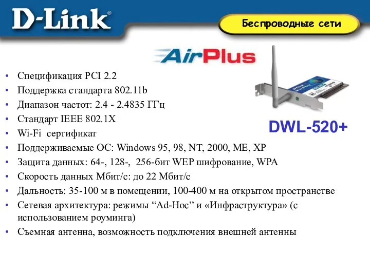 DWL-520+ Спецификация PCI 2.2 Поддержка стандарта 802.11b Диапазон частот: 2.4 - 2.4835 ГГц