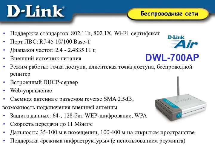 DWL-700AP Поддержка стандартов: 802.11b, 802.1X, Wi-Fi сертификат Порт ЛВС: RJ-45 10/100 Base-T Диапазон
