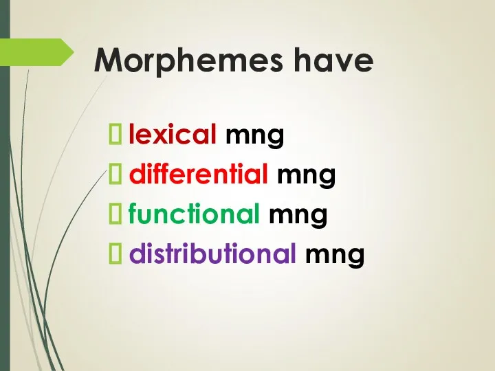 Morphemes have lexical mng differential mng functional mng distributional mng