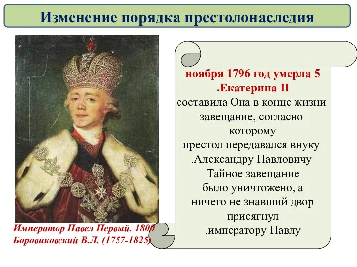 5 ноября 1796 год умерла Екатерина II. Она в конце