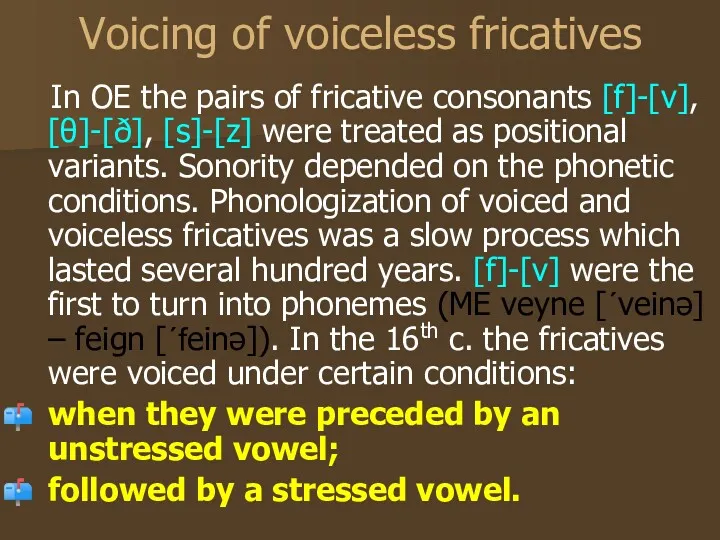 Voicing of voiceless fricatives In OE the pairs of fricative