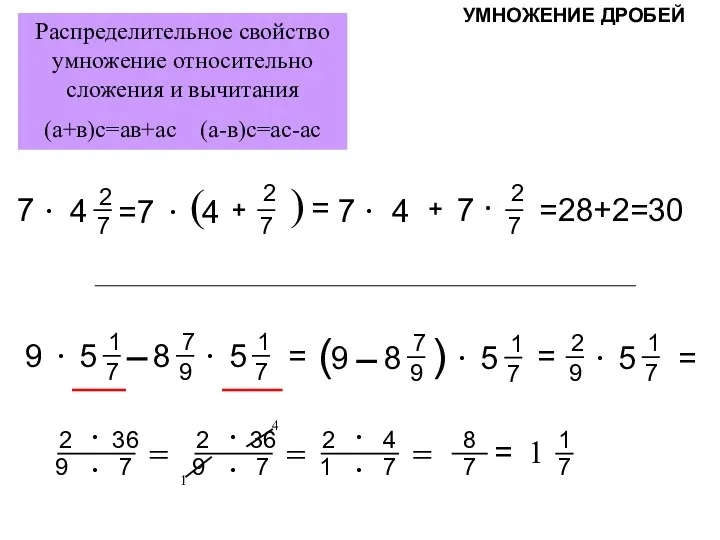 УМНОЖЕНИЕ ДРОБЕЙ Распределительное свойство умножение относительно сложения и вычитания (а+в)с=ав+ас (а-в)с=ас-ас