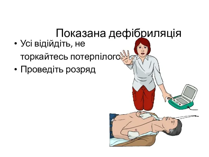 Показана дефібриляція Усі відійдіть, не торкайтесь потерпілого Проведіть розряд