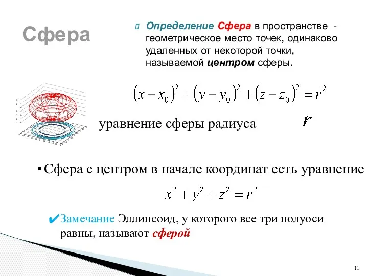 Сфера Определение Сфера в пространстве - геометрическое место точек, одинаково