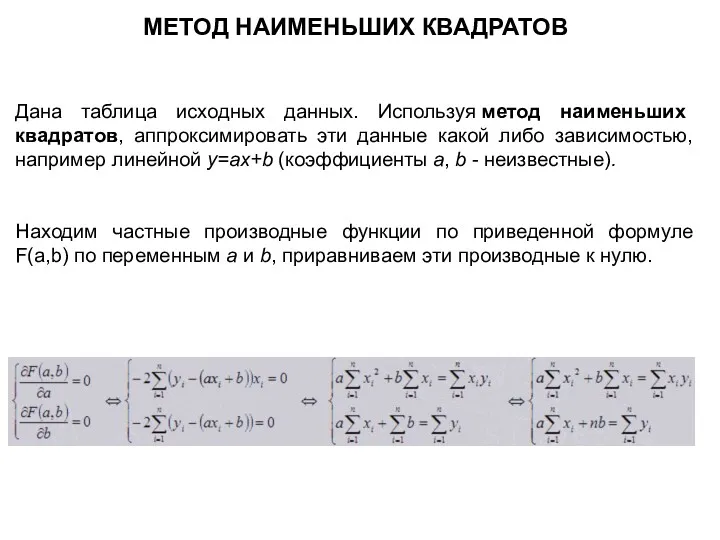 МЕТОД НАИМЕНЬШИХ КВАДРАТОВ Дана таблица исходных данных. Используя метод наименьших