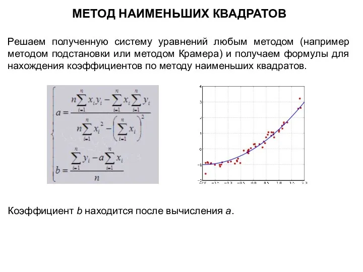 МЕТОД НАИМЕНЬШИХ КВАДРАТОВ Решаем полученную систему уравнений любым методом (например методом подстановки или