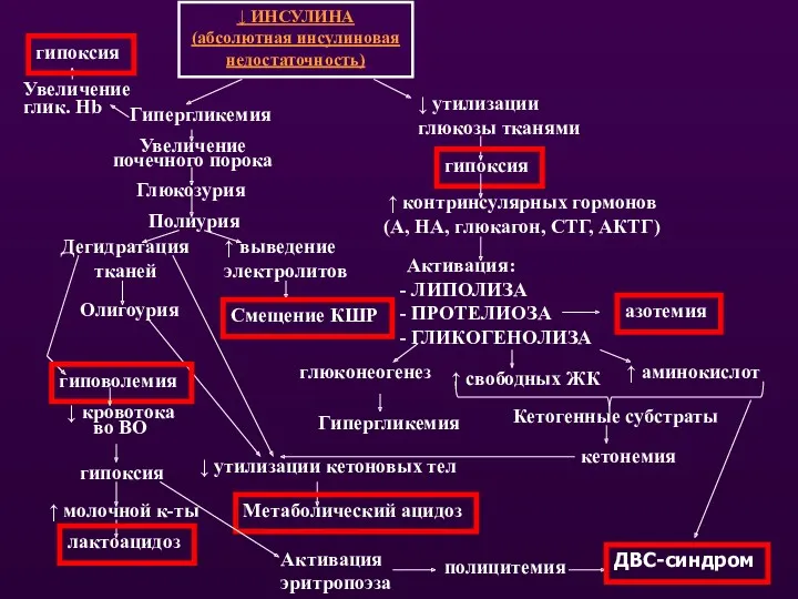 ↓ ИНСУЛИНА (абсолютная инсулиновая недостаточность) Гипергликемия ↓ утилизации глюкозы тканями