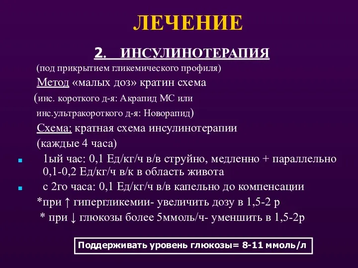 ЛЕЧЕНИЕ 2. ИНСУЛИНОТЕРАПИЯ (под прикрытием гликемического профиля) Метод «малых доз»