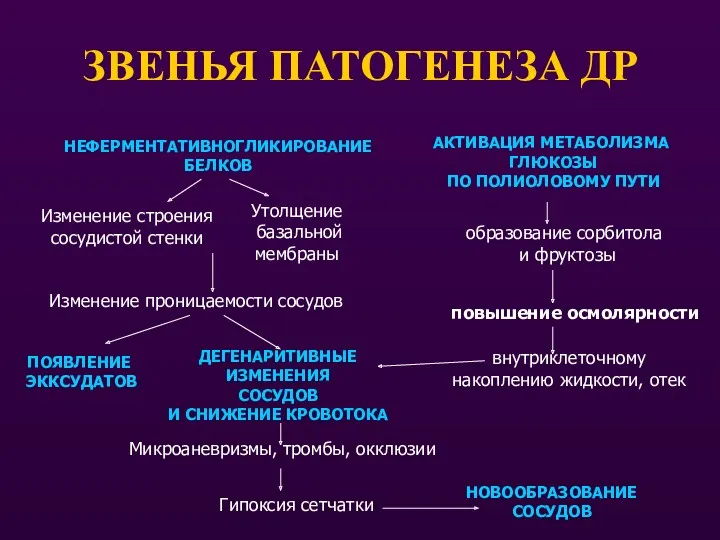 ЗВЕНЬЯ ПАТОГЕНЕЗА ДР НЕФЕРМЕНТАТИВНОГЛИКИРОВАНИЕ БЕЛКОВ Изменение строения сосудистой стенки Утолщение