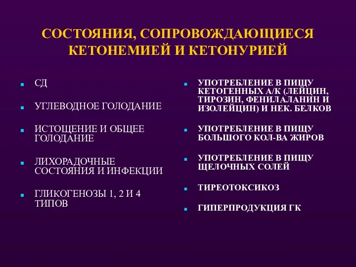 СОСТОЯНИЯ, СОПРОВОЖДАЮЩИЕСЯ КЕТОНЕМИЕЙ И КЕТОНУРИЕЙ СД УГЛЕВОДНОЕ ГОЛОДАНИЕ ИСТОЩЕНИЕ И