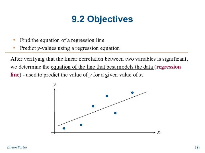 9.2 Objectives Find the equation of a regression line Predict