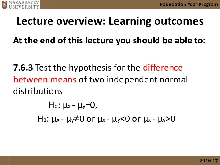Lecture overview: Learning outcomes At the end of this lecture