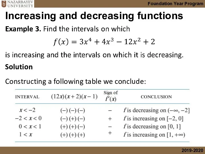 Increasing and decreasing functions Solution Constructing a following table we conclude: