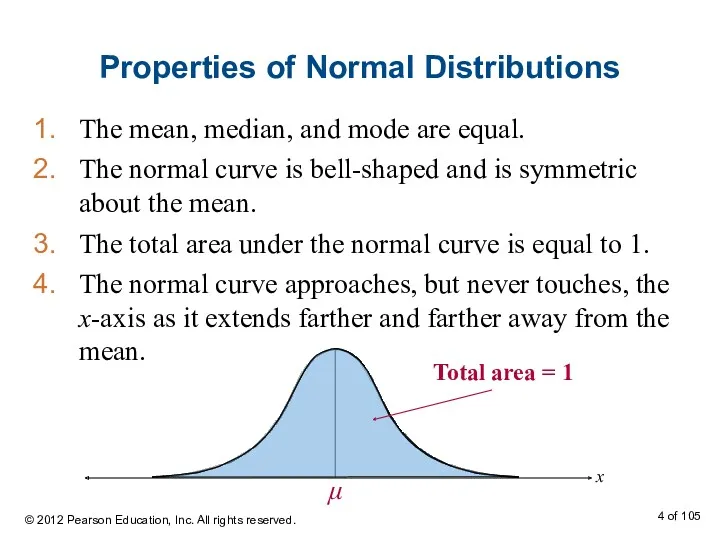 Properties of Normal Distributions The mean, median, and mode are