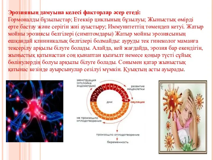 Эрозияның дамуына келесі факторлар әсер етеді: Гормоналды бұзылыстар; Етеккір циклының