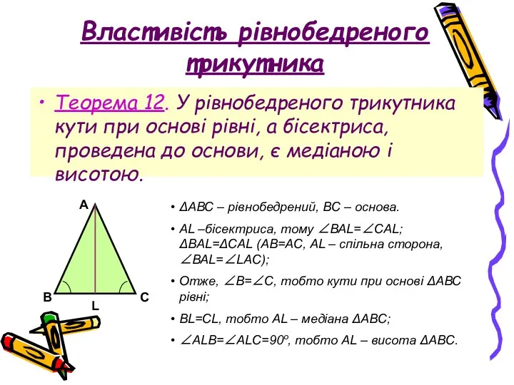 Властивість рівнобедреного трикутника Теорема 12. У рівнобедреного трикутника кути при