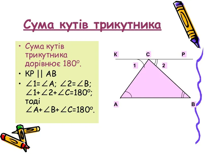 Сума кутів трикутника Сума кутів трикутника дорівнює 180о. КР || АВ ∠1=∠А; ∠2=∠В; ∠1+∠2+∠С=180о; тоді ∠А+∠В+∠С=180о.