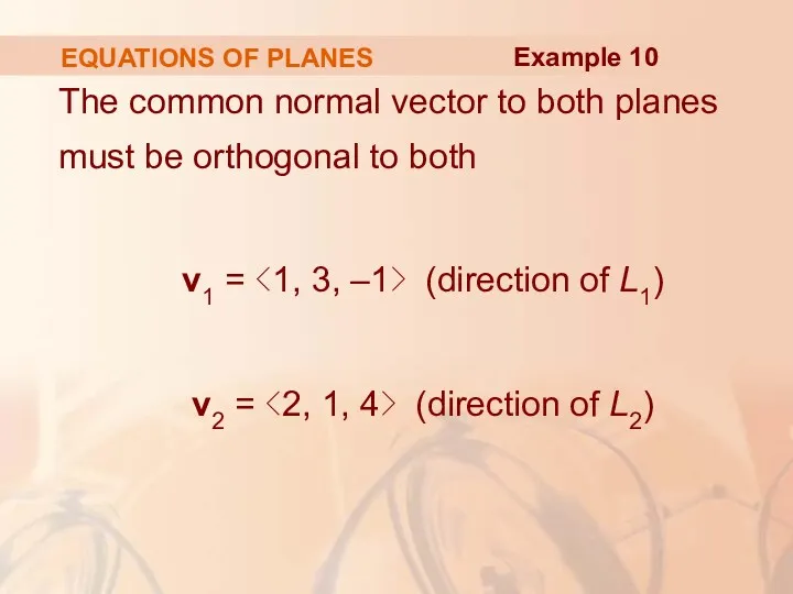 EQUATIONS OF PLANES The common normal vector to both planes must be orthogonal